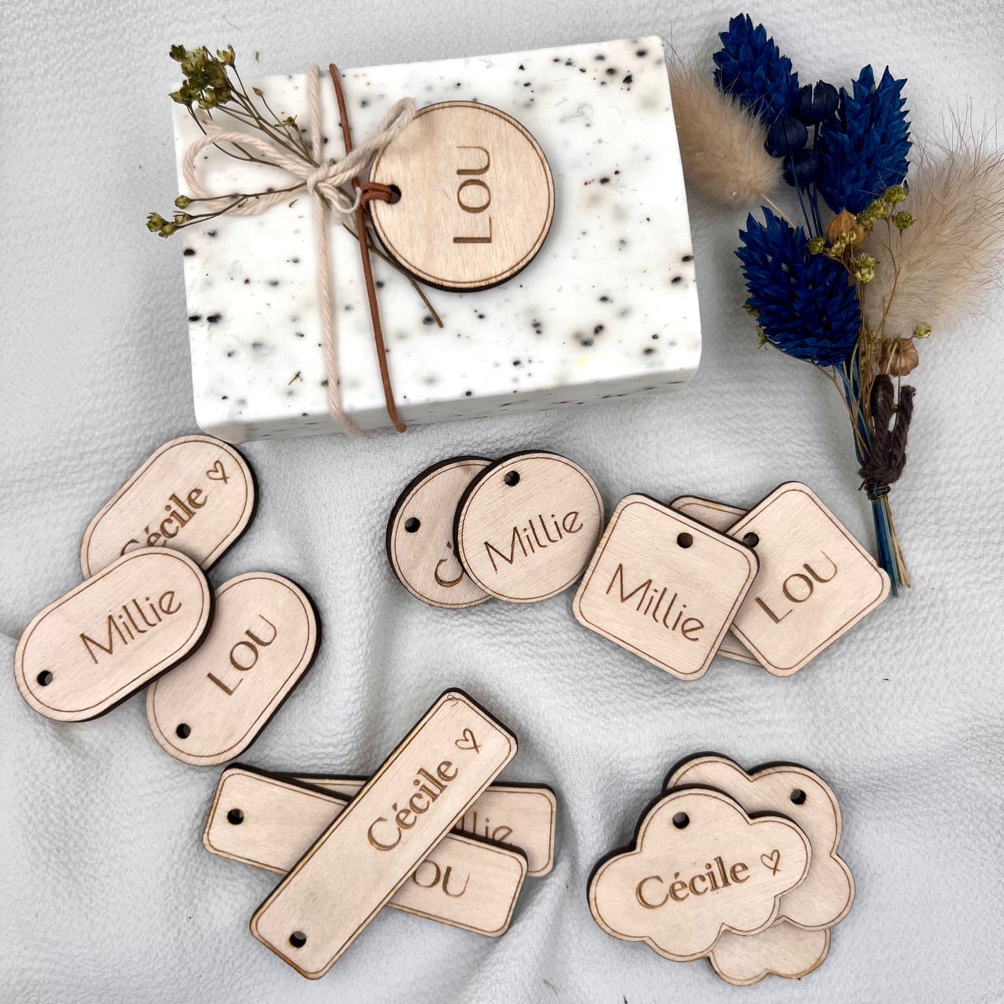 Wolk houten label doopsuiker DIY set van 10st