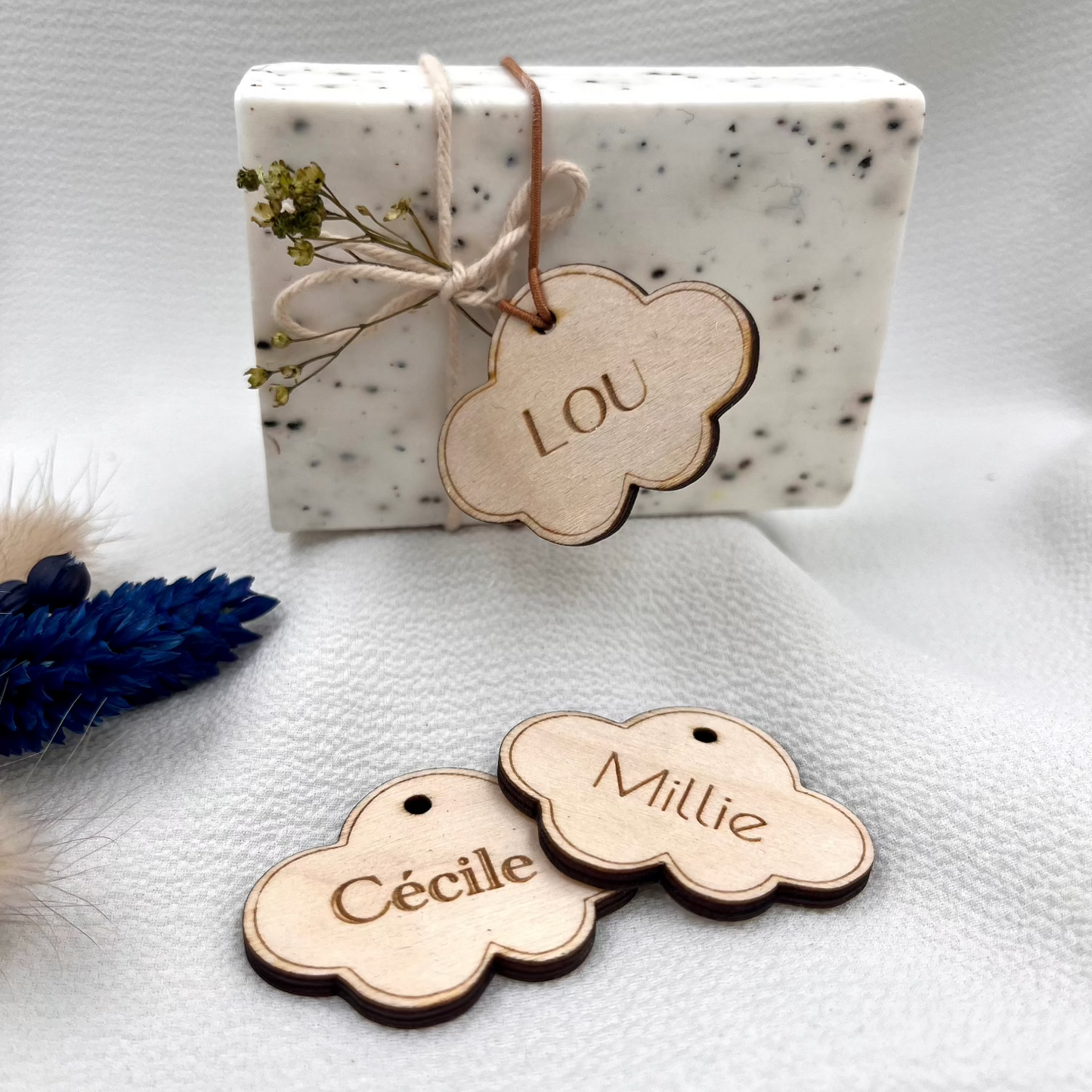 Wolk houten label doopsuiker DIY set van 10st